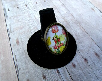Tulip fairy:Oval glass cabochon ring,18x25mm,antique bronze,adjustable