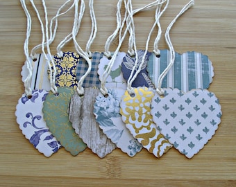 Farmhouse Blue Scalloped Heart Gift Tags: Set of 12 with Twine