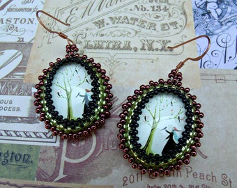The girl under the tree:Glass cabochon earrings,18x25mm,seed bead&delicas bezeled peyote earrings