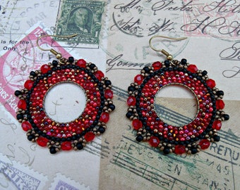Magma hoop earrings,circular brick stitch,seed beads and crystals beadwork earrings