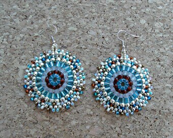 Surf and sand mix circular brick stitch earrings,seed and cube bead hoop earrings,miyuki&toho beadwork earrings