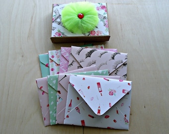 Ooh la la 2:Set of 8 all purpose boxed note cards+envelopes,3x4 flat note cards,variety patterned envelopes,girly,feminine