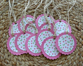 Cherries:2''scalloped circle gift tags,set of 12 pink glittered cardstock hanging tags