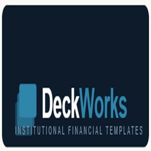 Puede incluir: Un diseño gráfico rectangular azul marino con esquinas redondeadas. El texto blanco "DeckWorks" se muestra de forma destacada, con "Works" en azul turquesa. Debajo, un texto más pequeño dice "INSTITUTIONAL FINANCIAL TEMPLATES."