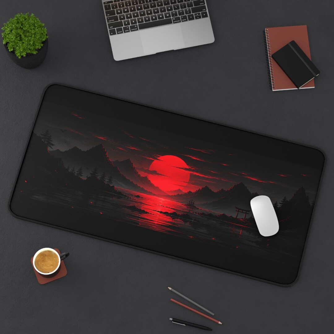 Red Moon Gaming Mouse Pad, Dark Aesthetic Desk Mat, Japanese Landscape ...