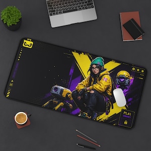 May include: Black rectangular gaming mousepad with a graphic of a person in a yellow jacket and a robot, with yellow and purple accents. The mousepad has the text "PLAY SMART".