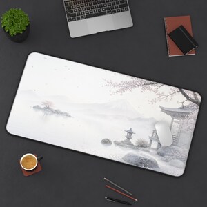 Minimal Zen Mouse Pad, Japanese White Sakura Desk Mat, Soft Aesthetic Landscape Mousepad, Large Desk Mat 16x32 12x18