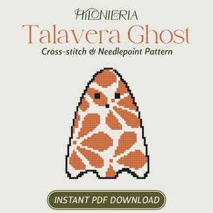 May include: A cross-stitch and needlepoint pattern titled Talavera Ghost by Hilonieria. The design features a ghost-shaped figure with a white and orange geometric pattern, black eyes, and a black outline. Text includes INSTANT PDF DOWNLOAD and 13 MESH.