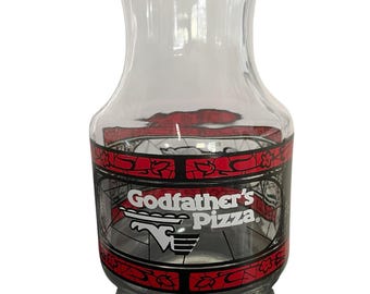 Godfather's Pizza/Coca-cola glass carafe, 8.75" tall