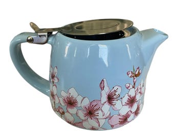 Alfred Ceramic and stainless steel Teapot, light blue with cherry blossoms
