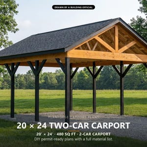 20x24 Carport Plans, DIY Permit Ready 2 Car Open Post Frame Carport Building Plans, Material List, Drawn by ICC Building Official image 1