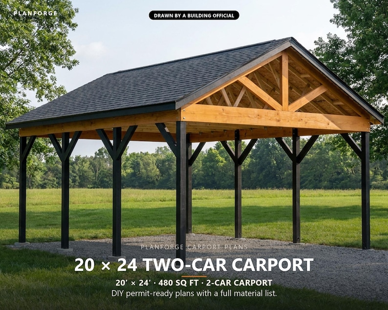20x24 Carport Plans, DIY Permit Ready 2 Car Open Post Frame Carport Building Plans, Material List, Drawn by ICC Building Official image 1