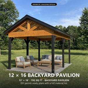 12x16 Pavilion Plans, DIY Permit Ready Backyard Pavilion with Patio Slab, Post Frame Plans, Material List, Drawn by ICC Building Official image 1