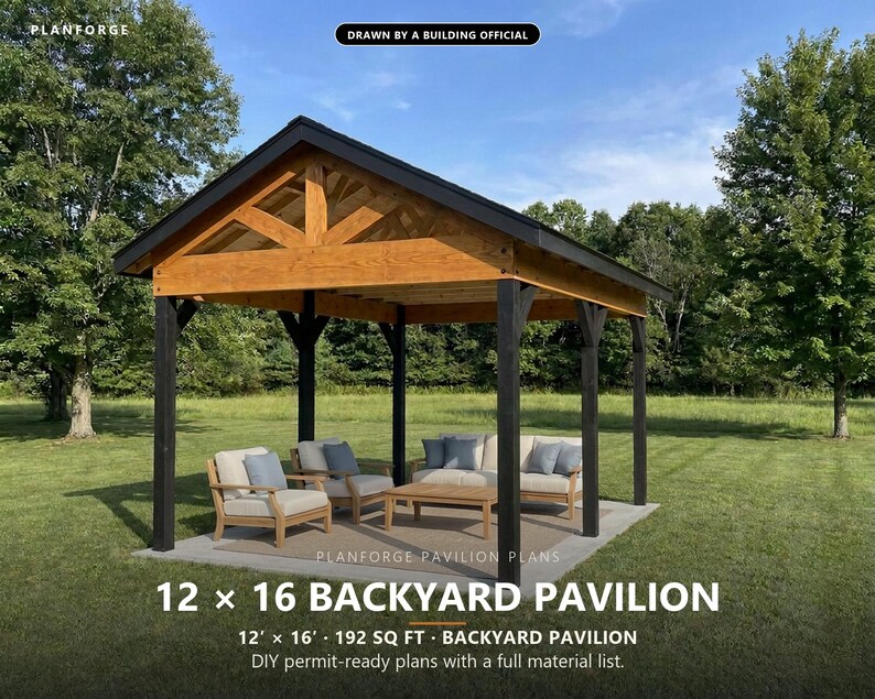 12x16 Pavilion Plans, DIY Permit Ready Backyard Pavilion with Patio Slab, Post Frame Plans, Material List, Drawn by ICC Building Official image 1