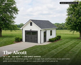14x24 1 Car Garage Plans, Permit Ready Detached Garage Building Plans, Material List, Drawn by ICC Building Official