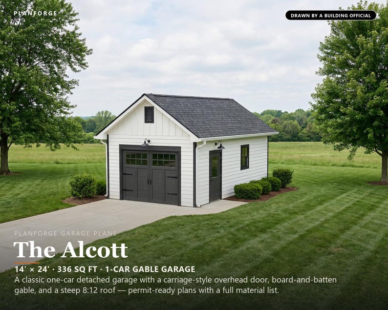 14x24 1 Car Garage Plans, Permit Ready Detached Garage Building Plans, Material List, Drawn by ICC Building Official image 1