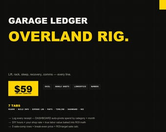 Overland Rig Build Tracker | Excel Cost Log, Parts Inventory, ROI Spreadsheet for Overlander Build Project | Instant Download