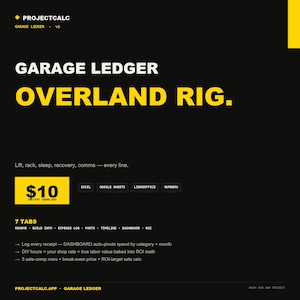 Overland Rig Build Tracker | Excel Cost Log, Parts Inventory, ROI Spreadsheet for Overlander Build Project | Instant Download