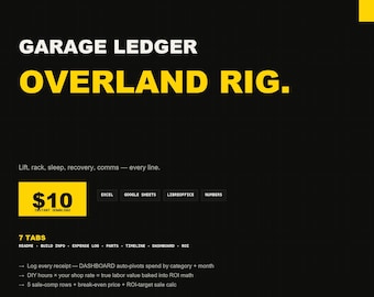 Overland Rig Build Tracker | Excel Cost Log, Parts Inventory, ROI Spreadsheet for Overlander Build Project | Instant Download