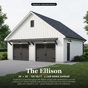 28x26 2 Car Garage Plans with Two Doors, Permit Ready Detached Garage Building Plans, Material List, Drawn by ICC Building Official image 1