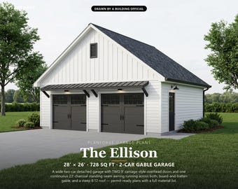 28x26 2 Car Garage Plans with Two Doors, Permit Ready Detached Garage Building Plans, Material List, Drawn by ICC Building Official