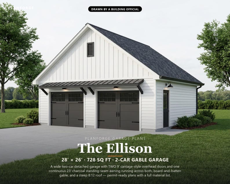 28x26 2 Car Garage Plans with Two Doors, Permit Ready Detached Garage Building Plans, Material List, Drawn by ICC Building Official image 1