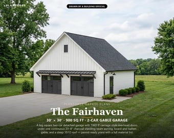30x30 2 Car Garage Plans with Two Doors, Permit Ready Detached Garage Building Plans, Material List, Drawn by ICC Building Official