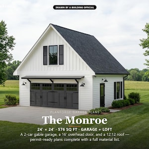 24x24 2 Car Garage Plans with Loft, Permit Ready Carriage House Plans, Exterior Stair, Material List, ICC Building Official imagen 1