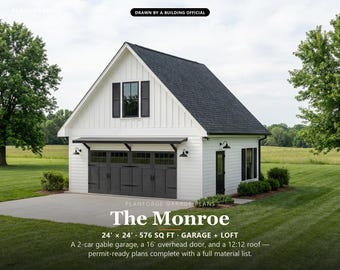 24x24 2 Car Garage Plans with Loft, Permit Ready Carriage House Plans, Exterior Stair, Material List, ICC Building Official