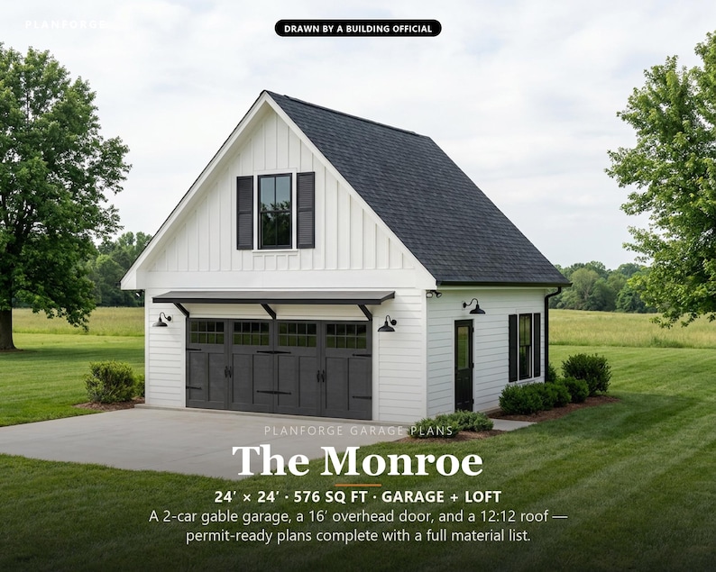 24x24 2 Car Garage Plans with Loft, Permit Ready Carriage House Plans, Exterior Stair, Material List, ICC Building Official imagen 1