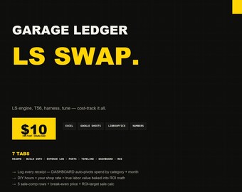 LS Swap Cost Tracker | Excel Build Cost, Parts Inventory, ROI Spreadsheet for LS Engine Swap Project Builders | Instant Download
