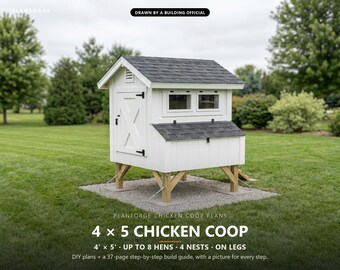 4x5 Chicken Coop Plans, DIY Small Backyard Chicken Coop on Legs for 8 Hens, Step-by-Step Build Guide and Material List PDF