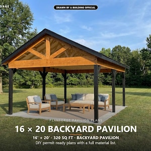 16x20 Pavilion Plans, DIY Permit Ready Backyard Pavilion with Patio Slab, Post Frame Plans, Material List, Drawn by ICC Building Official image 1
