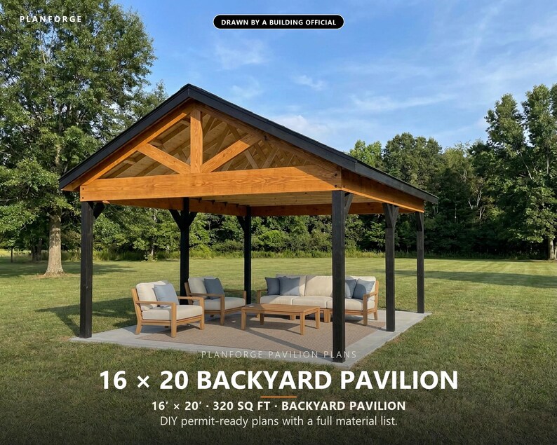 16x20 Pavilion Plans, DIY Permit Ready Backyard Pavilion with Patio Slab, Post Frame Plans, Material List, Drawn by ICC Building Official image 1