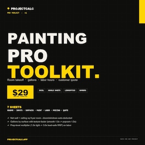 Könnte beinhalten: Eine digitale Produktoberfläche mit dem Titel Painting Pro Toolkit auf schwarzem Hintergrund mit gelben Akzenten. Sie listet Funktionen wie Raumaufmaß, Gallonen, Arbeitsstunden und Kundenangebote auf, kompatibel mit Excel, Google Sheets, LibreOffice und Numbers.
