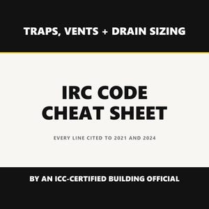 Può includere: Un documento informativo rettangolare intitolato IRC CODE CHEAT SHEET con il sottotitolo TRAPS, VENTS + DRAIN SIZING. Include il testo EVERY LINE CITED TO 2021 AND 2024 e BY AN ICC-CERTIFIED BUILDING OFFICIAL in caratteri neri e bianchi.