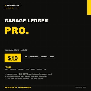 Garage Ledger Pro | Excel Project Car Build Cost Tracker, Dashboard + ROI Sale Comp Spreadsheet for Builders | Instant Download