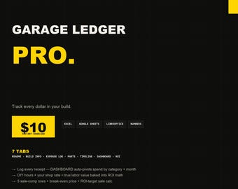 Garage Ledger Pro | Excel Project Car Build Cost Tracker, Dashboard + ROI Sale Comp Spreadsheet for Builders | Instant Download