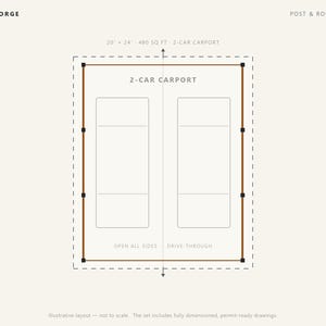 20x24 Carport Plans, DIY Permit Ready 2 Car Open Post Frame Carport Building Plans, Material List, Drawn by ICC Building Official image 3