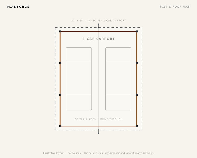 20x24 Carport Plans, DIY Permit Ready 2 Car Open Post Frame Carport Building Plans, Material List, Drawn by ICC Building Official image 3