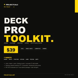 May include: Black and yellow graphic with the text "DECK PRO TOOLKIT." Includes information on joists, decking, and railing. The price is £30. Also lists "7 SHEETS" and software compatibility.