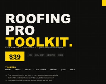 Roofing Estimate Spreadsheet | Excel Material Takeoff, Ventilation NFA Calculator Customer Quote Template for Roofers | Instant Download