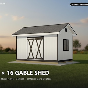 10x16フィートの物置小屋の設計図、建築許可取得準備済みの切妻屋根の物置小屋の建築設計図（材料リスト付き）、ICC認定建築検査官による作図および検査済み 画像 1