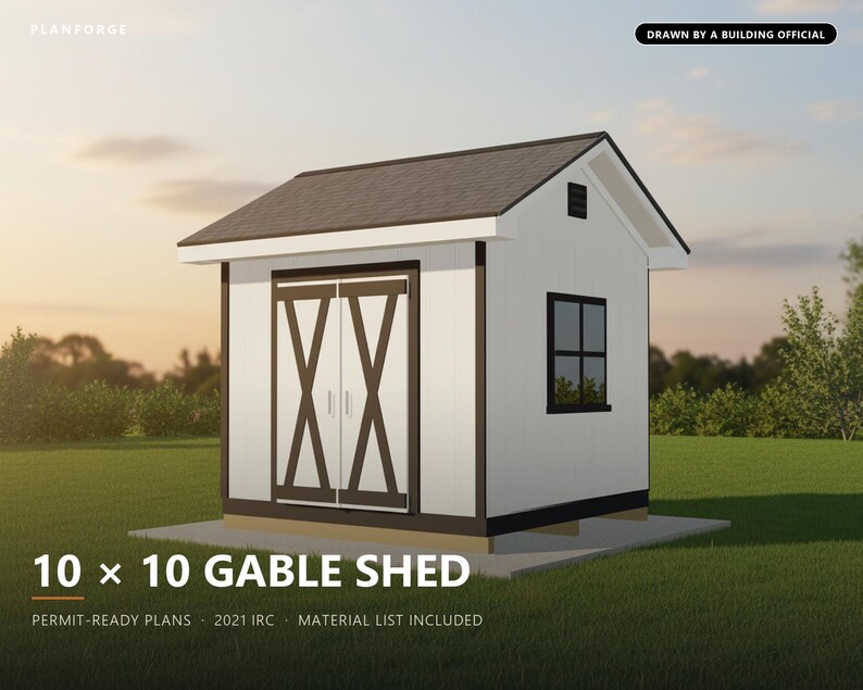 10x10 Shed Plans, Permit Ready Gable Storage Shed Building Plans with Materials List, Drawn and Checked by ICC Certified Building Official image 1