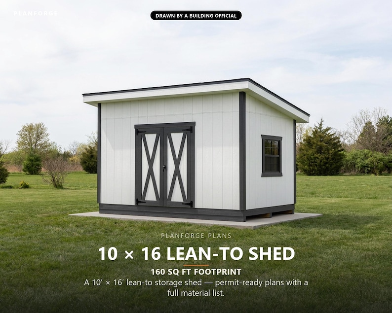 10x16 Lean-To Shed Plans, Permit Ready Mono-Pitch Storage Shed Building Plans with Materials List, Drawn by ICC Certified Building Official image 1