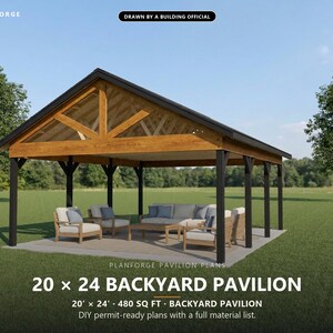 20x24 Pavilion Plans, DIY Permit Ready Backyard Pavilion with Patio Slab, Post Frame Plans, Material List, Drawn by ICC Building Official image 1