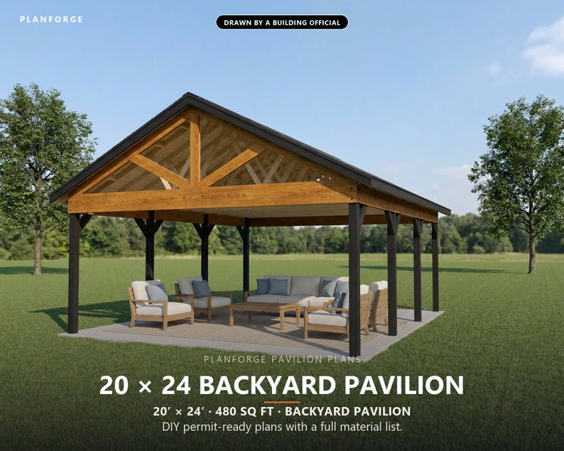 20x24 Pavilion Plans, DIY Permit Ready Backyard Pavilion with Patio Slab, Post Frame Plans, Material List, Drawn by ICC Building Official image 1