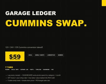 Cummins Swap Cost Tracker | Excel Build Cost, Parts, ROI Spreadsheet for 12V 24V CR Cummins Conversion | Instant Download