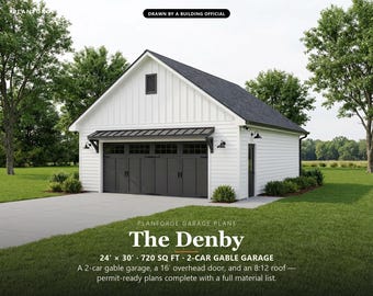 24x30 2 Car Garage Plans, Permit Ready Detached Garage Building Plans, Material List, Drawn by ICC Building Official