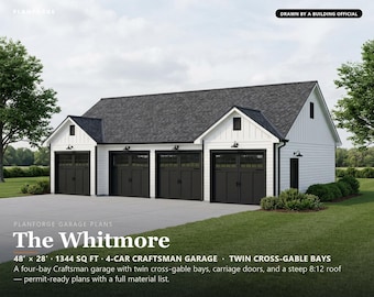 48x28 4 Car Garage Plans, Permit Ready Craftsman Detached Garage Building Plans, Material List, Drawn by ICC Building Official